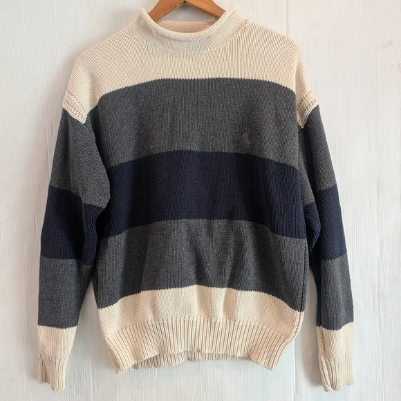 NAUTICA Women's Navy Gray & Cream Striped 100% Cotton Sweater Size Medium - Picture 10 of 10